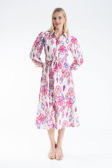 Linen Ornamental Print Midi Shirt Dress - Lilac