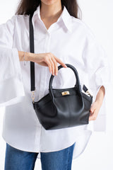 Pu Leather Top Handle Crossbody Bag with Twist Lock Detail - Black