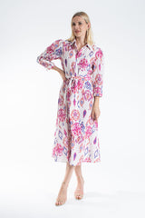 Linen Ornamental Print Midi Shirt Dress - Lilac