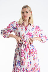 Linen Ornamental Print Midi Shirt Dress - Lilac