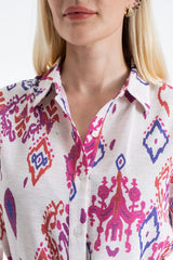 Linen Ornamental Print Midi Shirt Dress - Lilac