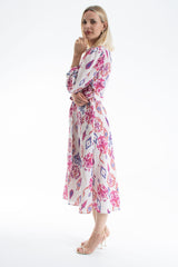 Linen Ornamental Print Midi Shirt Dress - Lilac