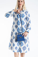 Women’s Linen Blend Ornamental Print Midi Shirt Dress
