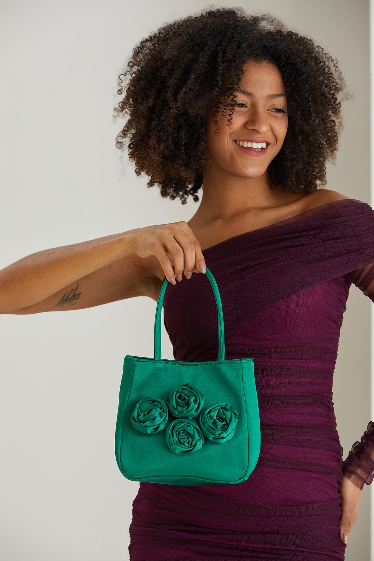 Floral Satin Handbag with Detachable Crossbody Strap - Green