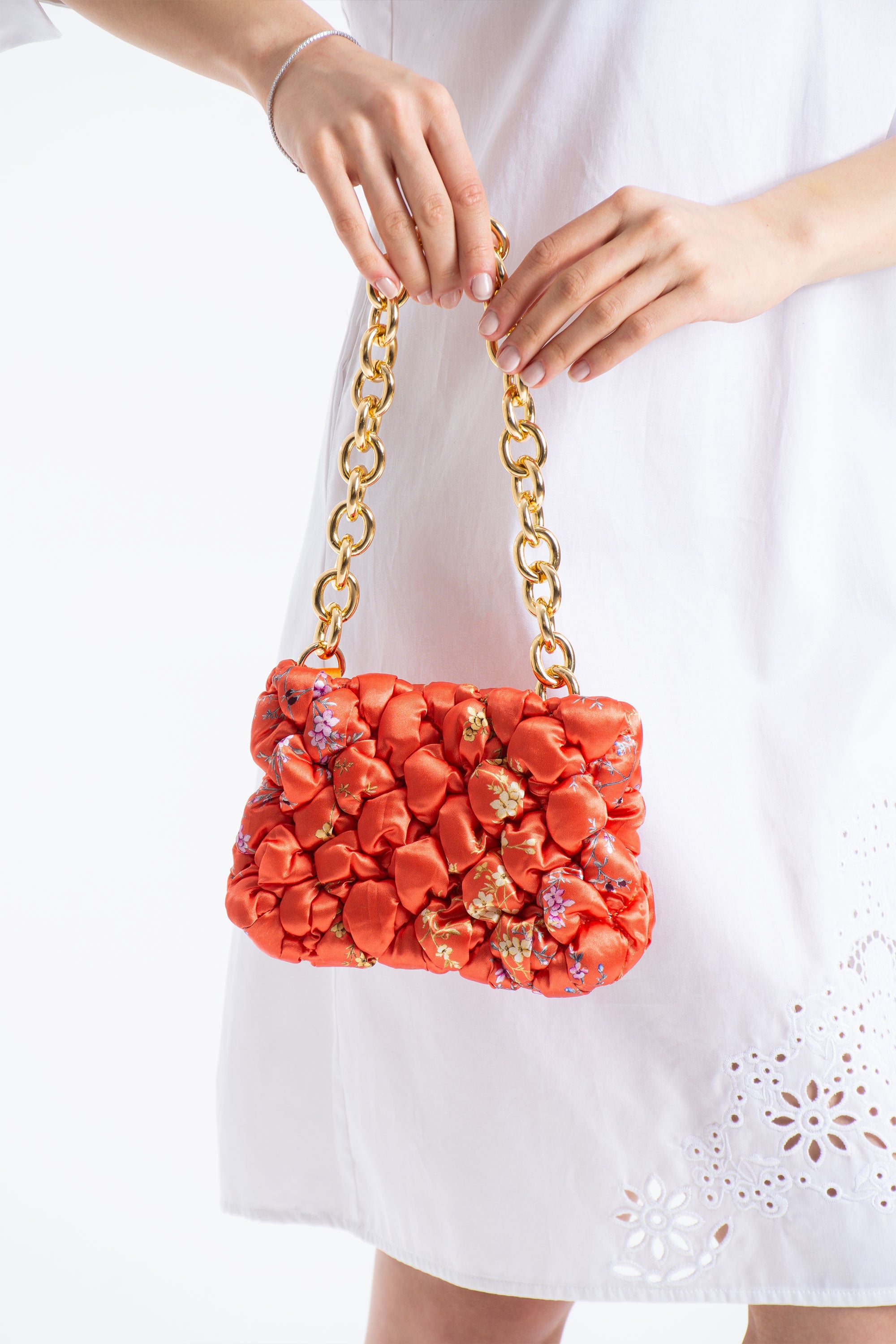 Floral Quilted Shoulder Grab  Bag with Gold Chain Strap - Multi