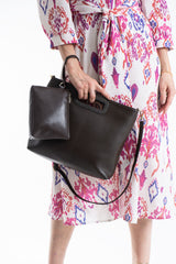 Handle Detail Pu Leather Large Handbag with Detachable strap - Brown