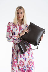 Handle Detail Pu Leather Large Handbag with Detachable strap - Brown