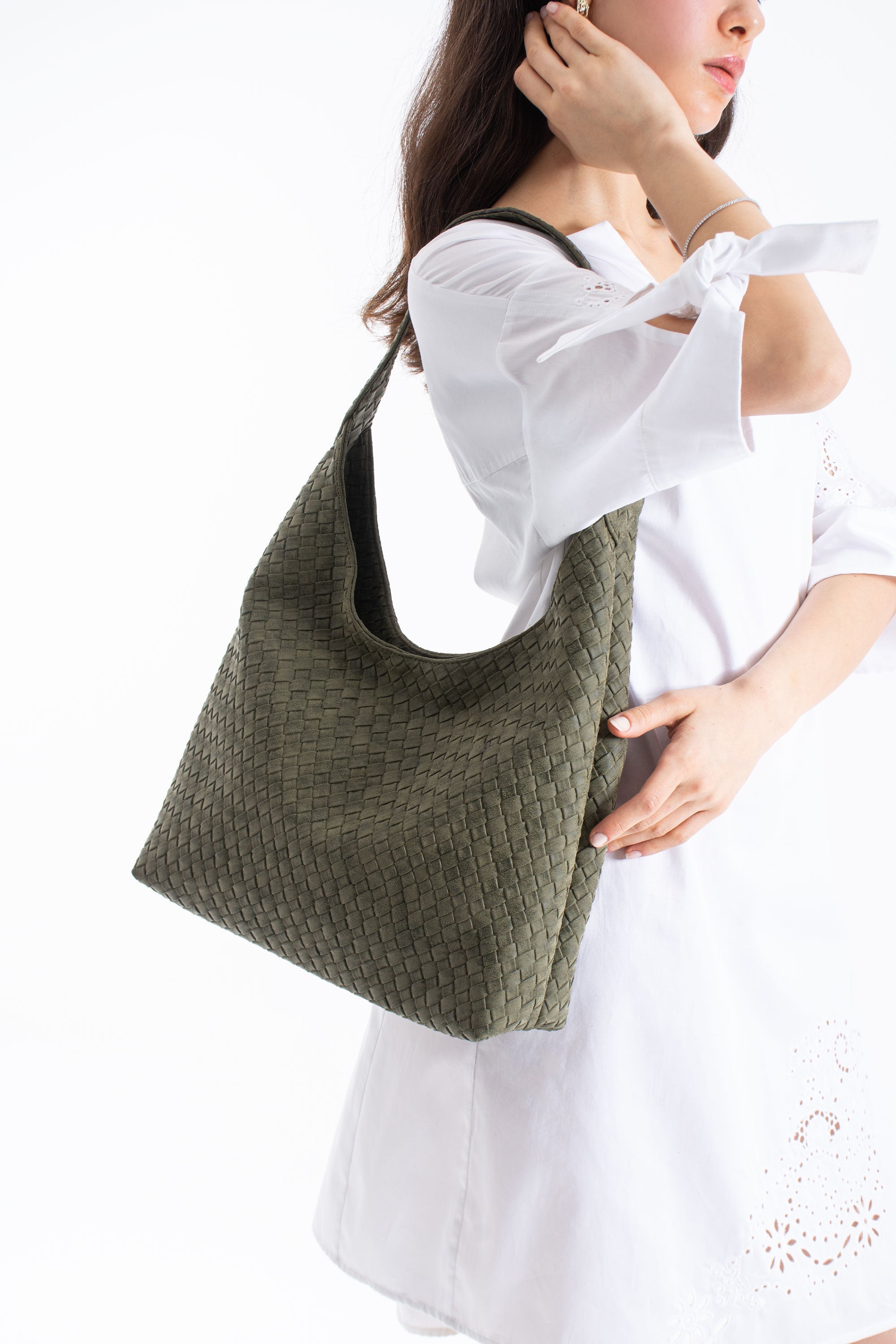 Woven Suede Slouchy Tote Bag with Matching Zipper Pouch 2PCS Set - Khaki
