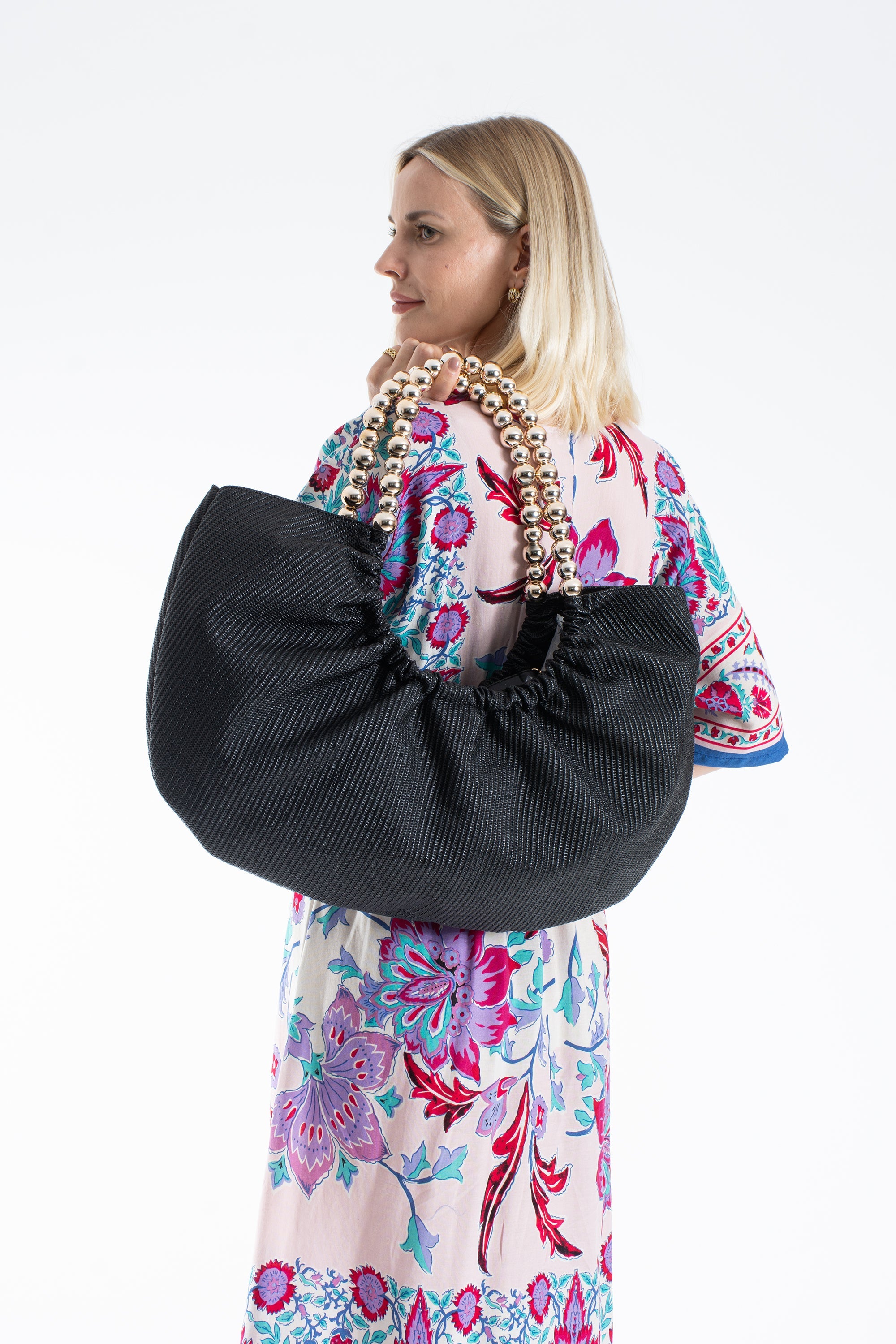 Woven PU Leather Slouchy Tote with Beaded Strap 2PCS Set - Black
