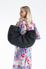 Woven PU Leather Slouchy Tote with Beaded Strap 2PCS Set - Black