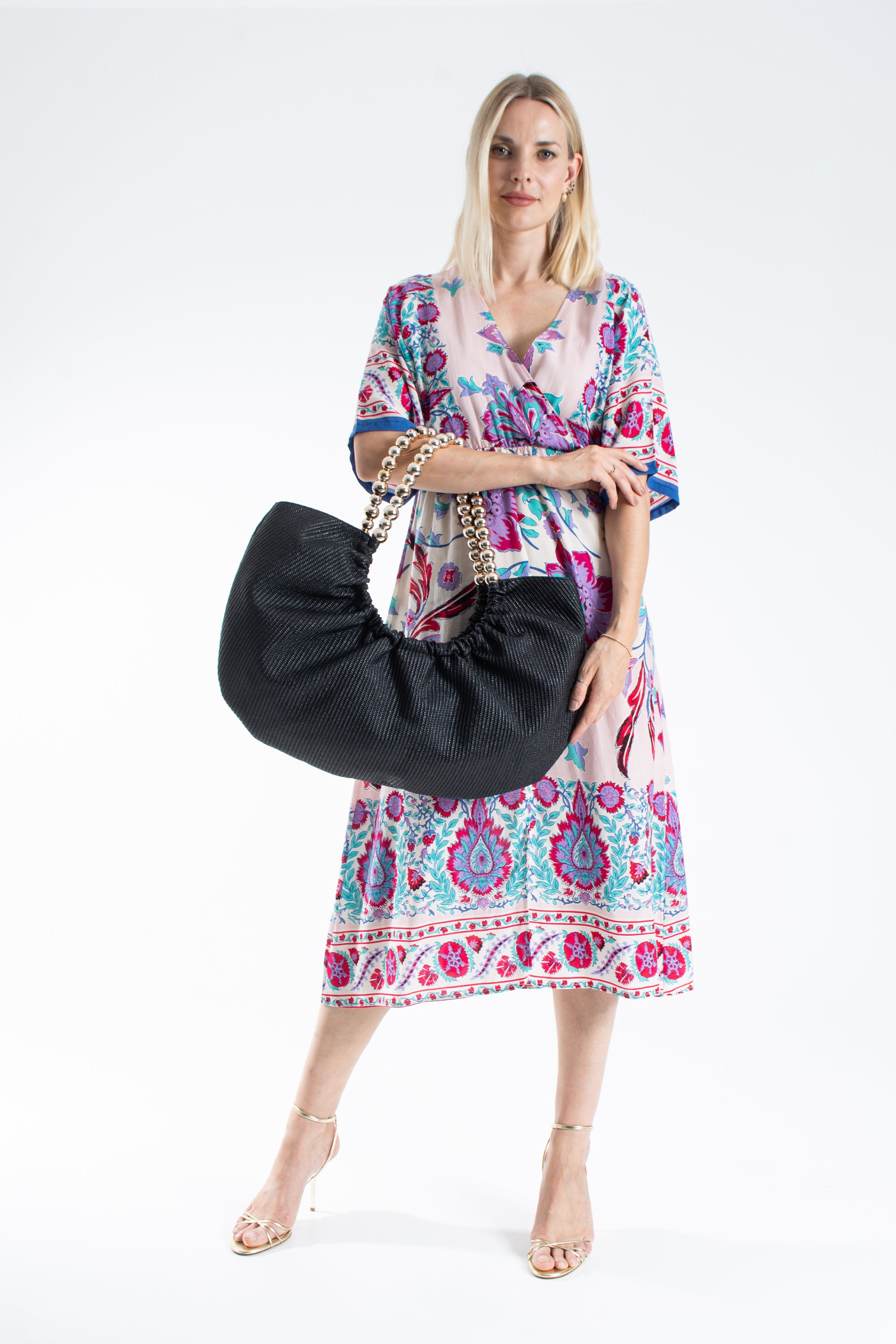 Woven PU Leather Slouchy Tote with Beaded Strap 2PCS Set - Black