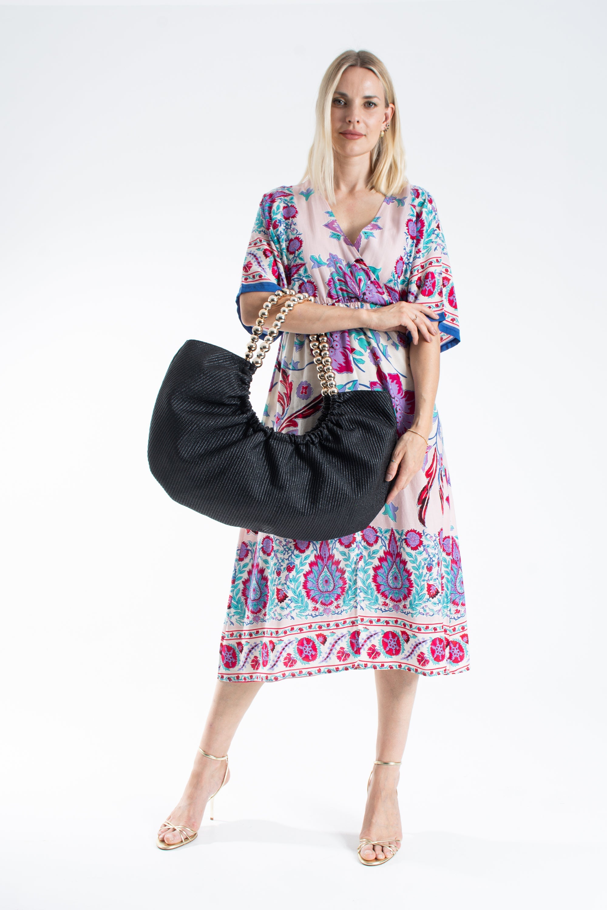 Woven PU Leather Slouchy Tote with Beaded Strap 2PCS Set - Black