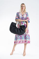 Woven PU Leather Slouchy Tote with Beaded Strap 2PCS Set - Black