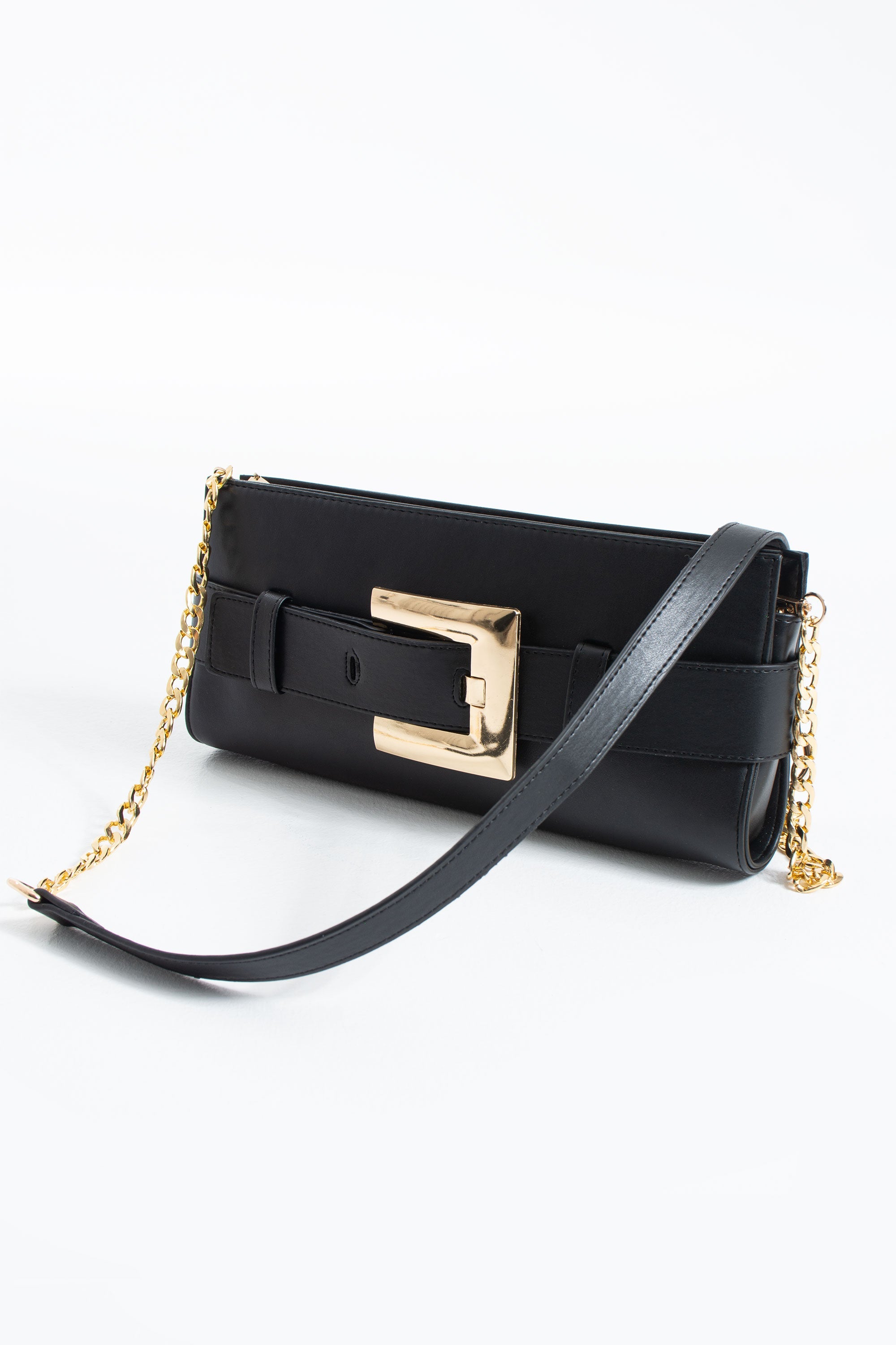 PU Leather Shoulder & Clutch Bag with Large Gold Buckle - Black