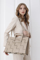 Braided Convertible Tote Bag with Detachable Crossbody Strap - Beige
