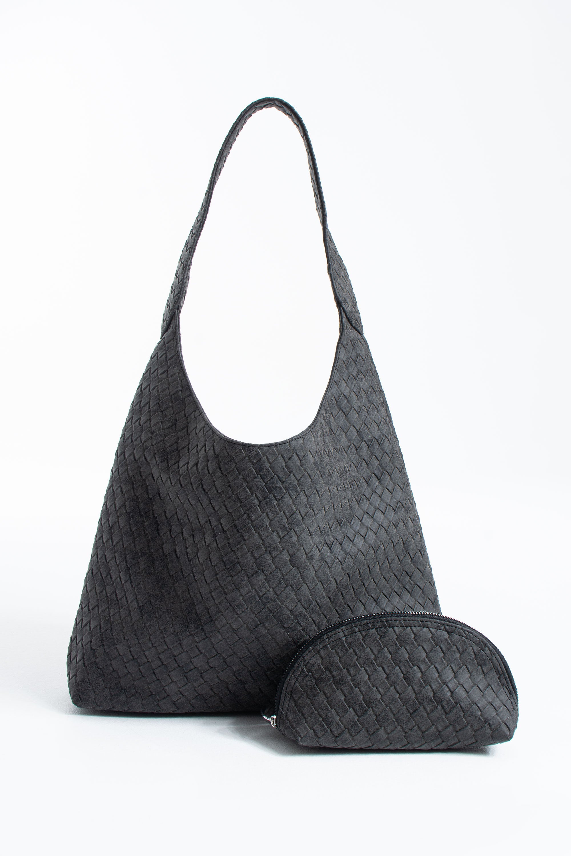 Woven Suede Slouchy Tote Bag with Matching Zipper Pouch 2PCS Set - Black