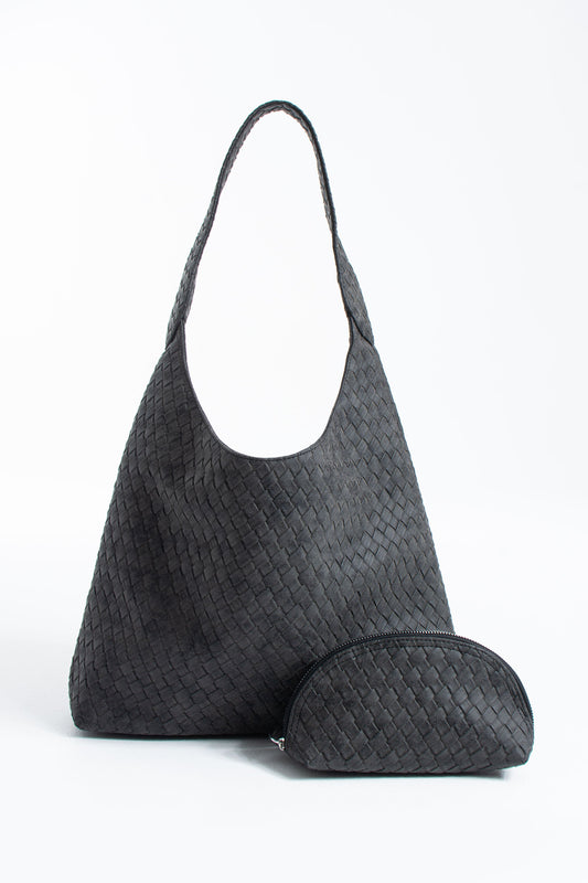 Woven Suede Slouchy Tote Bag with Matching Zipper Pouch 2PCS Set - Black