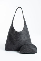 Woven Suede Slouchy Tote Bag with Matching Zipper Pouch 2PCS Set - Black