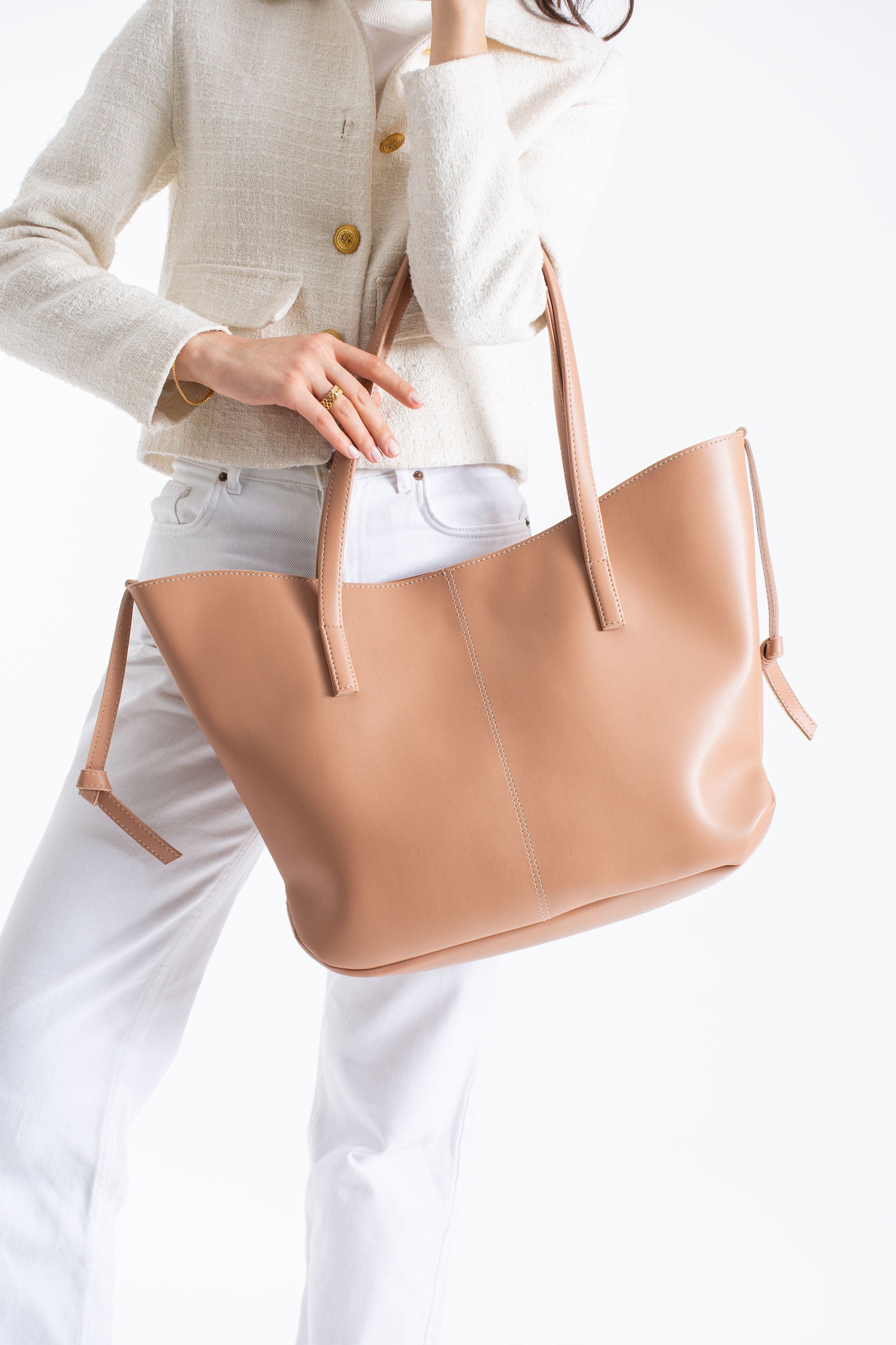 Pu Leather Large Tote Bag with Matching Zipper Pouch  2PCS Set - Nude