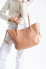 Pu Leather Large Tote Bag with Matching Zipper Pouch  2PCS Set - Nude