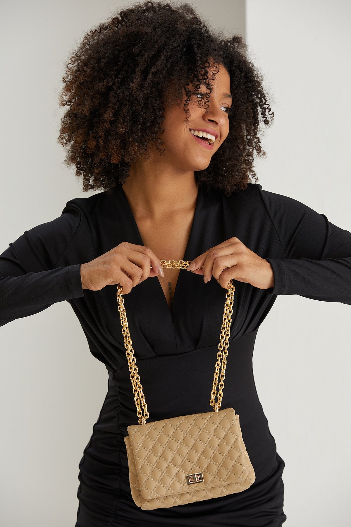 Quilted Plant Based Leather Crossbody & Shoulder Bag - Nude