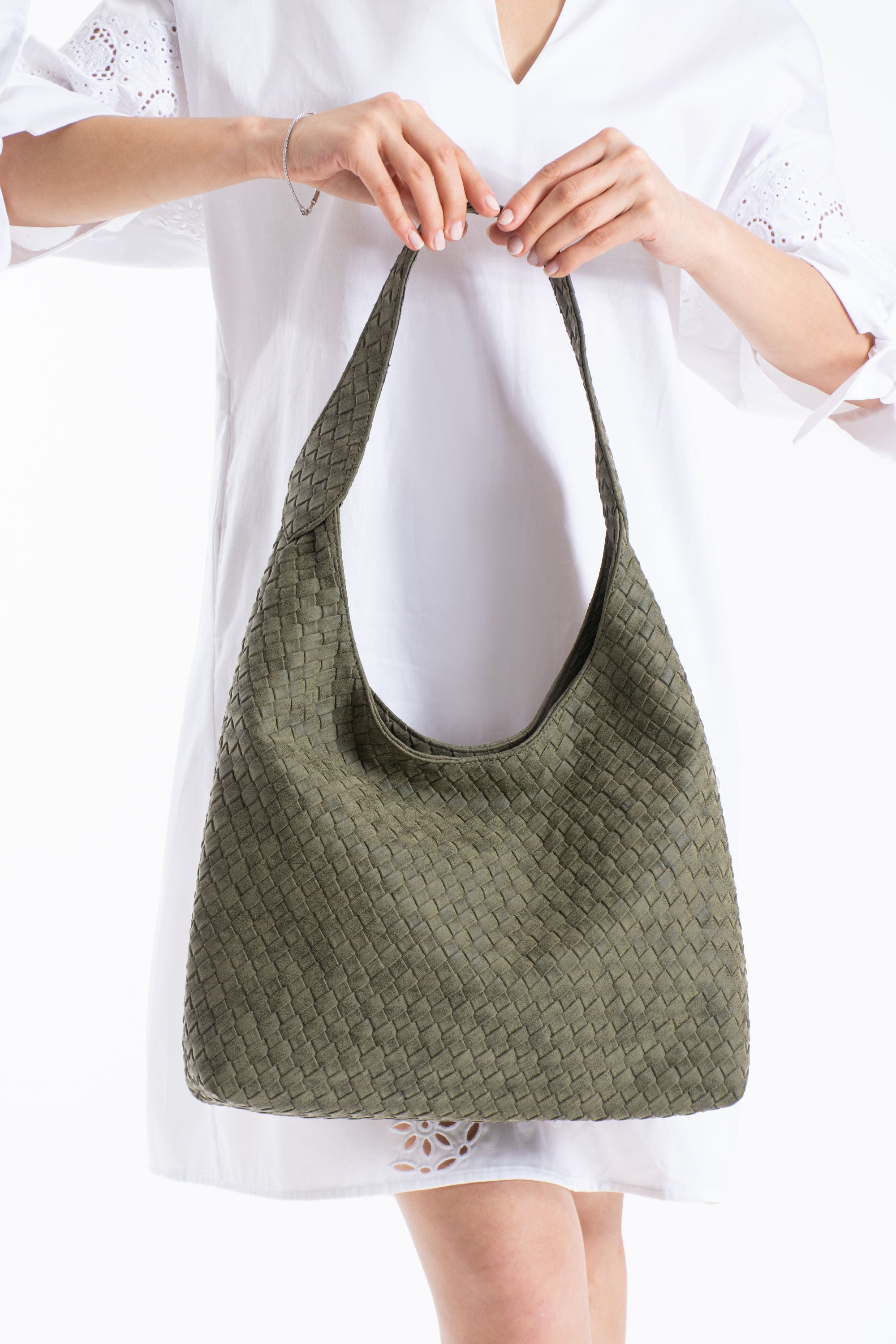 Woven Suede Slouchy Tote Bag with Matching Zipper Pouch 2PCS Set - Khaki