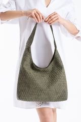 Woven Suede Slouchy Tote Bag with Matching Zipper Pouch 2PCS Set - Khaki