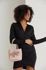 Floral Satin Handbag with Detachable Crossbody Strap - Nude