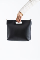 Handle Detail Pu Leather Large Handbag with Detachable Strap - Black