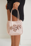 Floral Satin Handbag with Detachable Crossbody Strap - Nude
