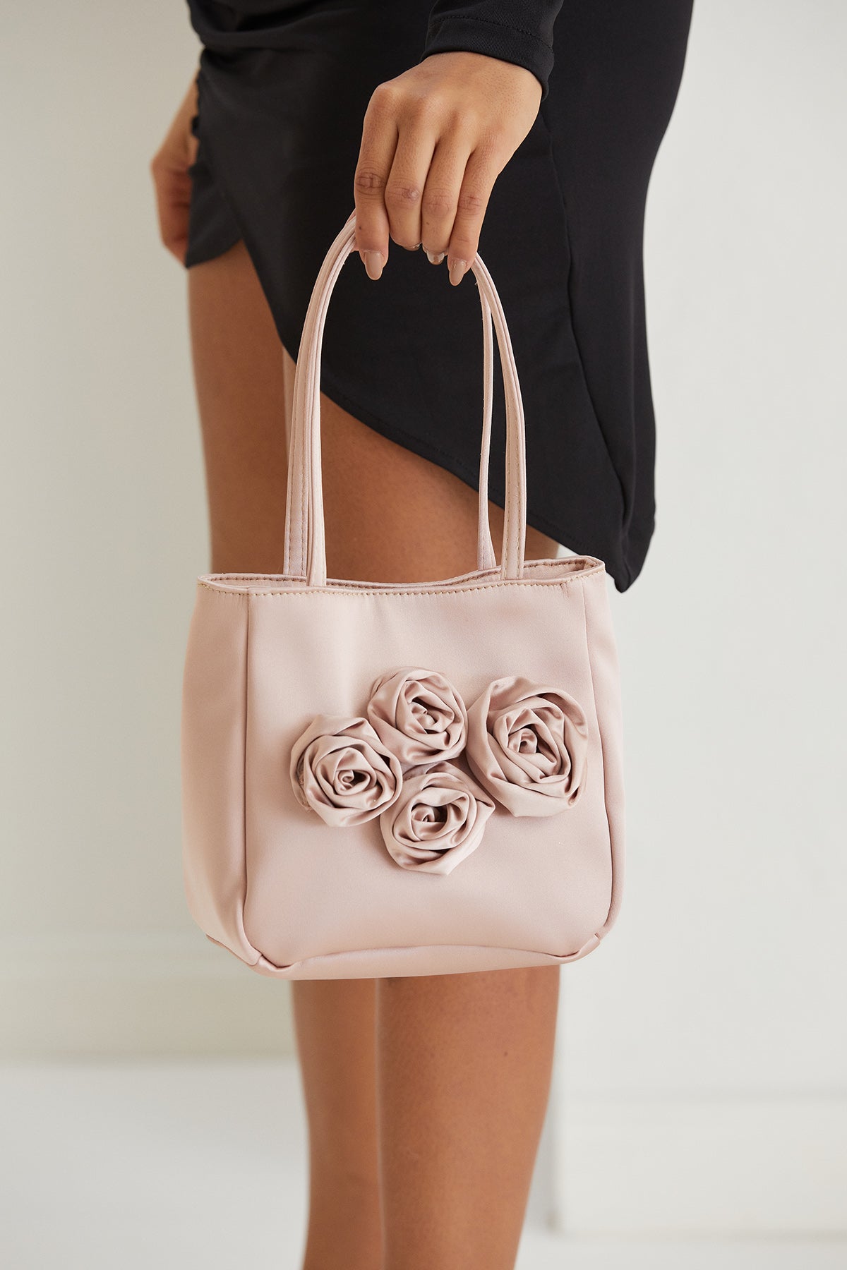 Floral Satin Handbag with Detachable Crossbody Strap - Nude