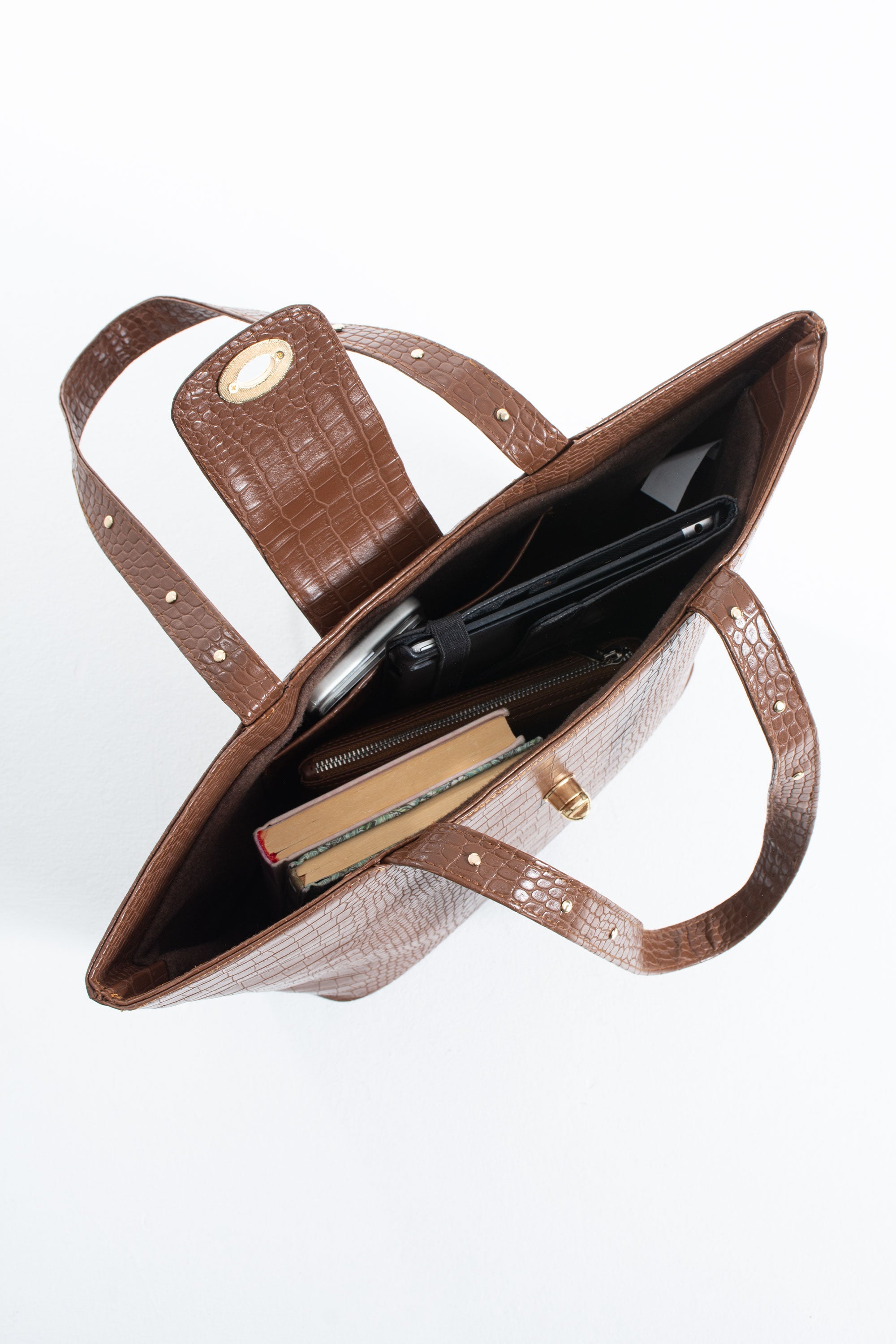 Texured Pu Leather Tote Bag with Matching Zipper Pouch 2PCS Set - Brown