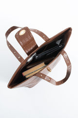 Texured Pu Leather Tote Bag with Matching Zipper Pouch 2PCS Set - Brown