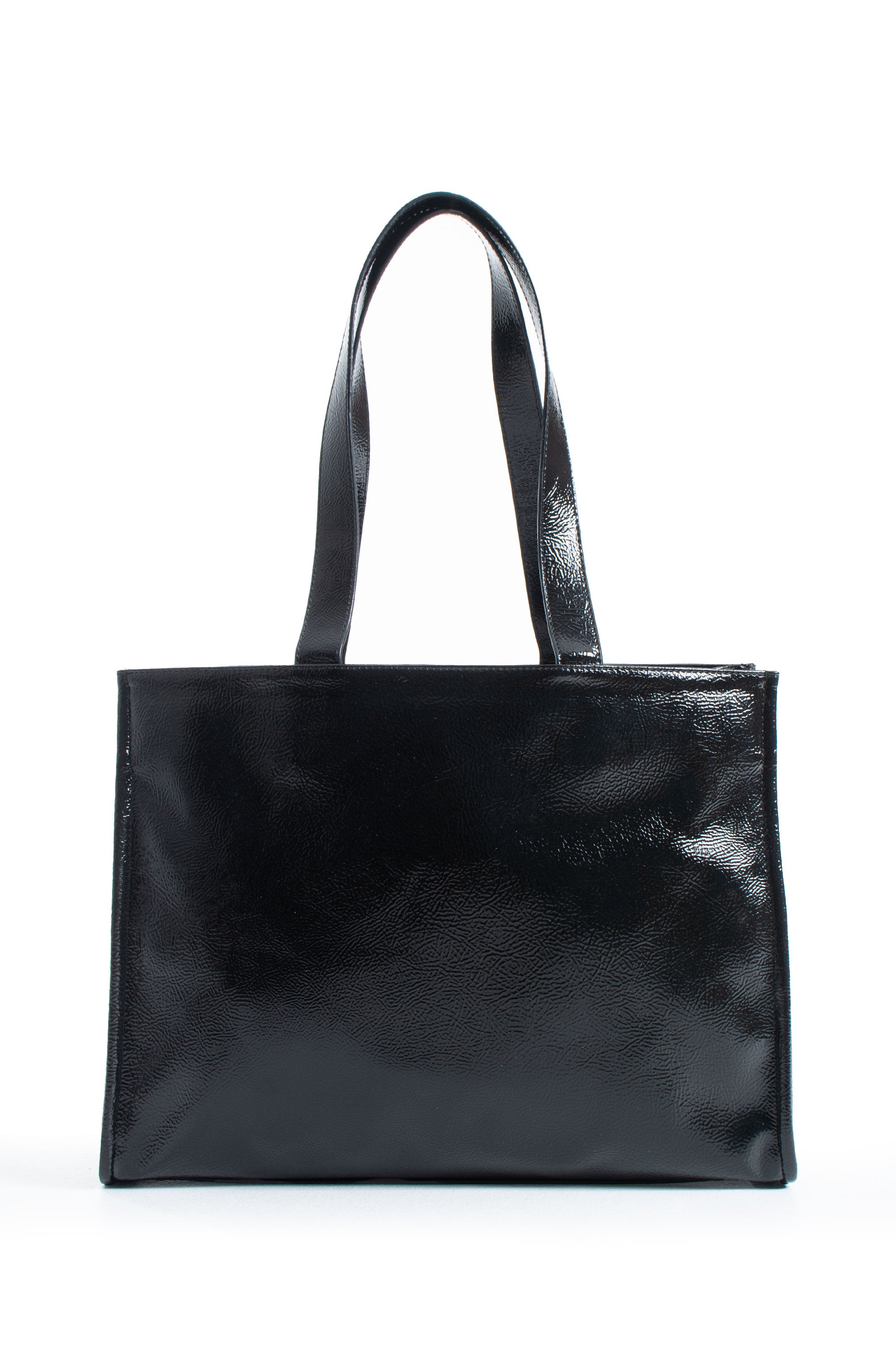Crinkle Patent Tote Shoulder Bag - Black