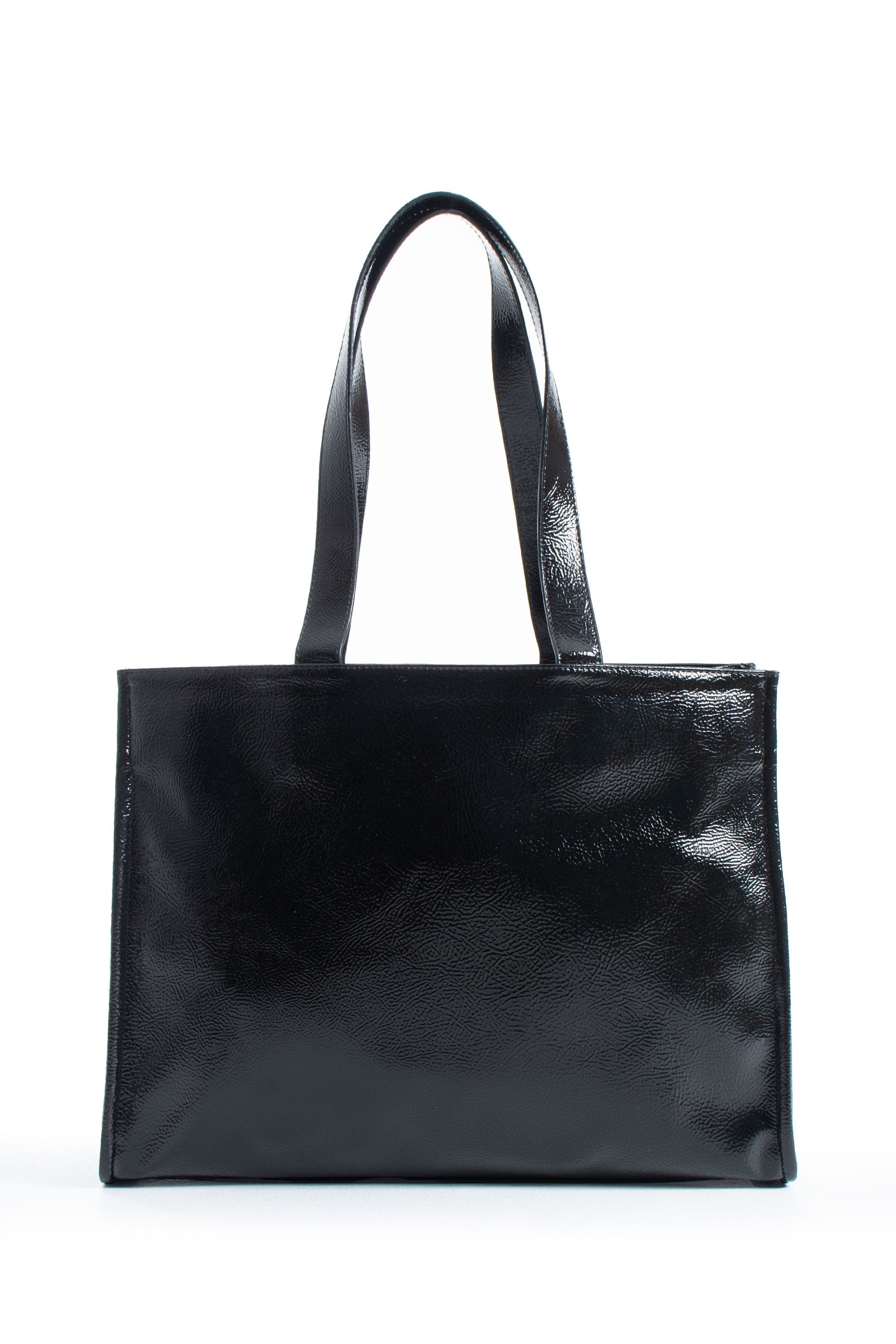 Crinkle Patent Tote Shoulder Bag - Black