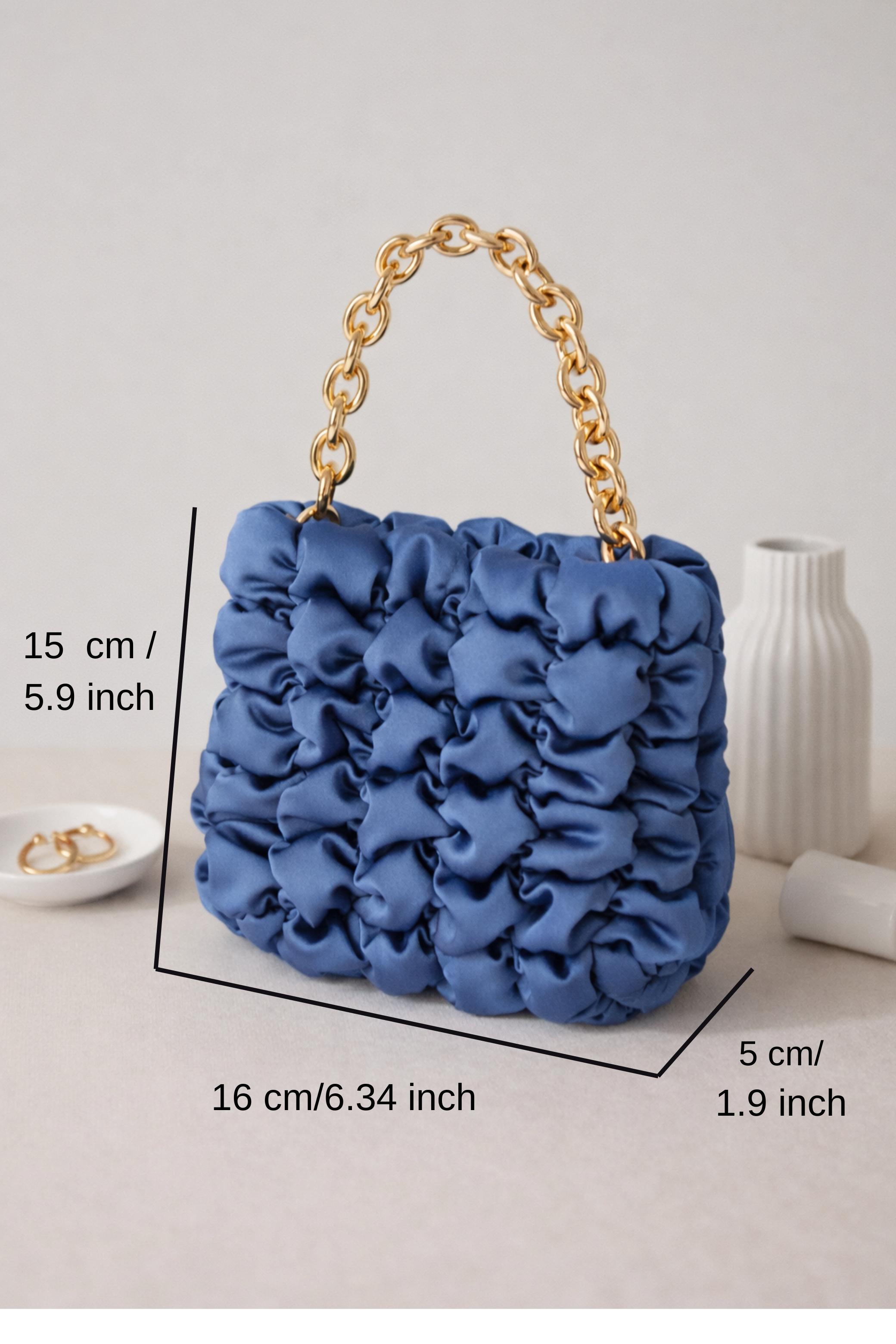 Quilted Satin Chunky Chain Handbag - Blue