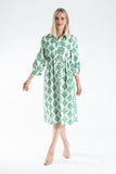 Linen Leaf Print Midi Shirt Dress - Green