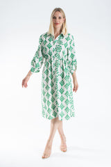 Linen Leaf Print Midi Shirt Dress - Green