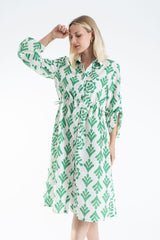Linen Leaf Print Midi Shirt Dress - Green