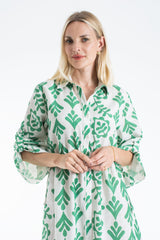 Linen Leaf Print Midi Shirt Dress - Green