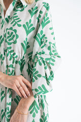Linen Leaf Print Midi Shirt Dress - Green