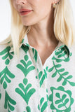 Linen Leaf Print Midi Shirt Dress - Green