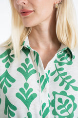 Linen Leaf Print Midi Shirt Dress - Green