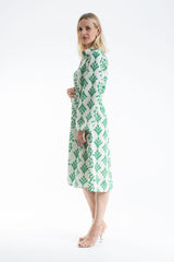 Linen Leaf Print Midi Shirt Dress - Green