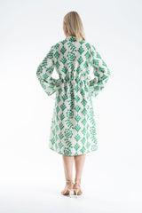 Linen Leaf Print Midi Shirt Dress - Green