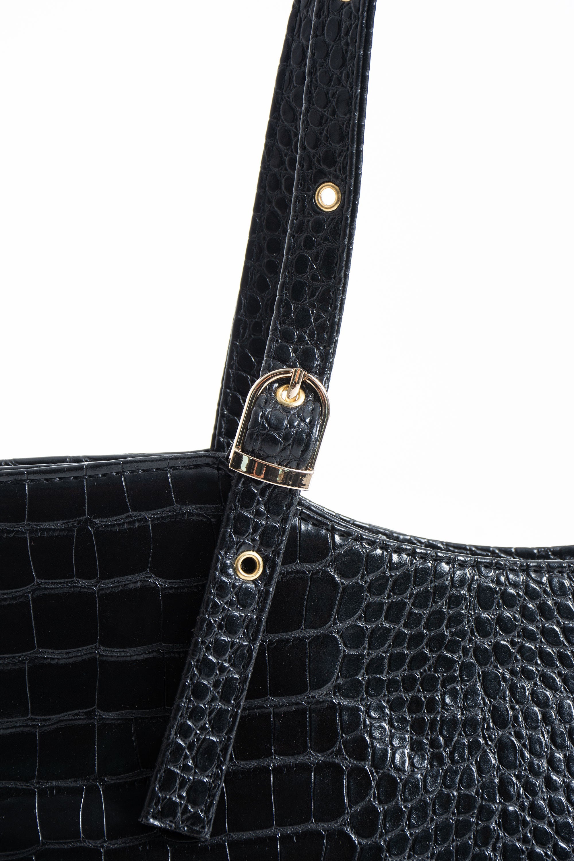 Textured  Pu Leather Tote Bag with Matching Zipper Pouch 2PCS Set - Black