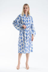 Women’s Linen Blend Leaf Print Midi Shirt Dress - Blue