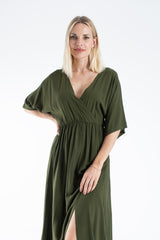 Womens Viscose V Neck Short Sleeve Midi Dress - Khaki
