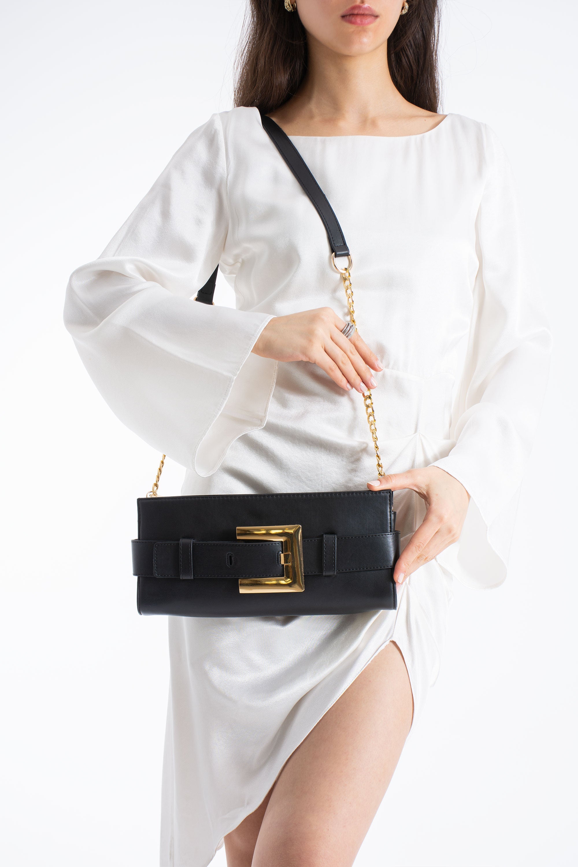 PU Leather Shoulder & Clutch Bag with Large Gold Buckle - Black