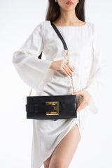 PU Leather Shoulder & Clutch Bag with Large Gold Buckle - Black